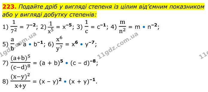 223. Подайте дріб у вигляді степеня із цілим від’ємним показником або у вигляді добутку степенів: — ГДЗ Алгебра 8 клас Мерзляк