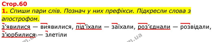 1. Спиши пари слів. Познач у них префікси. Підкресли слова з апострофом. — ГДЗ Українська мова 3 клас Пономарьова 2020