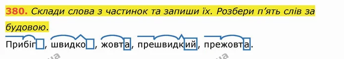 380. Склади слова з частинок та запиши їх. Розбери п’ять слів за будовою. — ГДЗ Українська мова та читання 4 клас Кравцова
