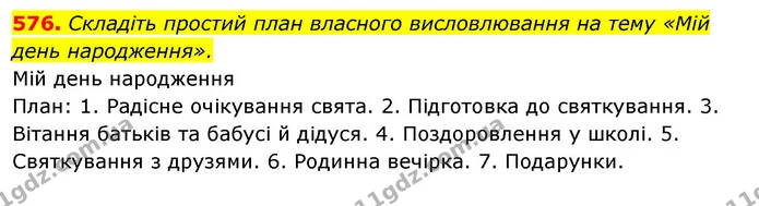 576. Складіть простий план власного висловлювання на тему «Мій день народження». — ГДЗ Відповіді Українська мова 6 клас Єрмоленко