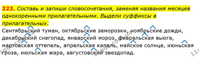 222. Составь и запиши словосочетания, заменяя названия месяцев однокоренными прилагательными. Выдели суффиксы в прилагательных. — ГДЗ Русский язык и чтение 4 класс Лапшина 1 ч.