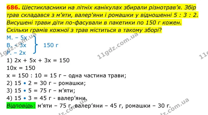 686. Шестикласники на літніх канікулах збирали різнотрав’я. Збір трав складався з м’яти, валер'яни і ромашки у відношенні 5 : 3 : 2 — ГДЗ Математика 6 клас Істер 2023 1-2 ч.