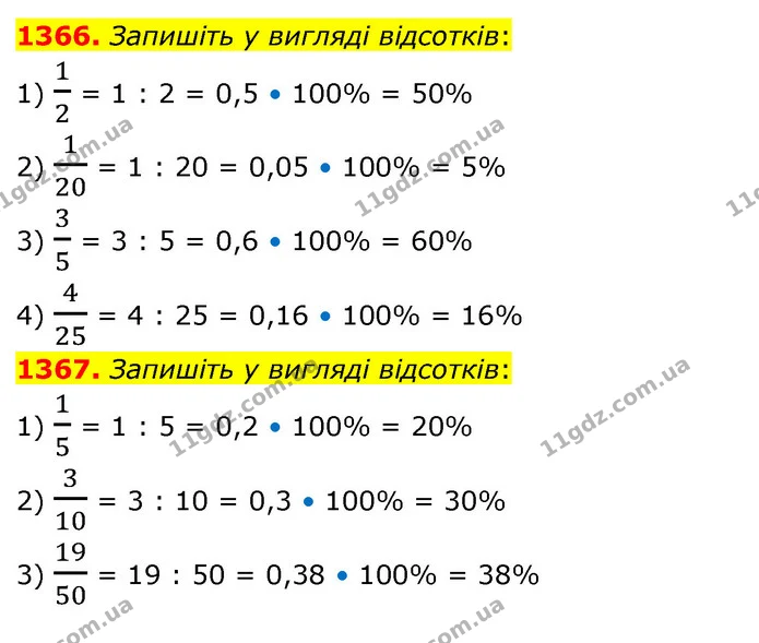 1366. Запишіть у вигляді відсотків: — ГДЗ Математика 5 клас Кравчук