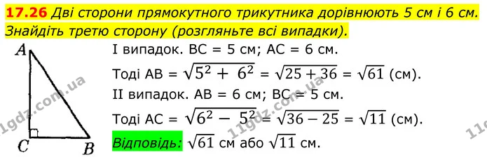 17.26 Дві сторони прямокутного трикутника дорівнюють 5 см і 6 см. Знайдіть третю сторону (розгляньте всі випадки). — ГДЗ Геометрія 8 клас Істер