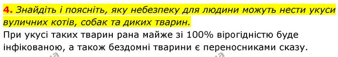 4. Знайдіть і поясніть, яку небезпеку для людини можуть нести укуси вуличних котів, собак та диких тварин. — ГДЗ Біологія 7 клас Тагліна