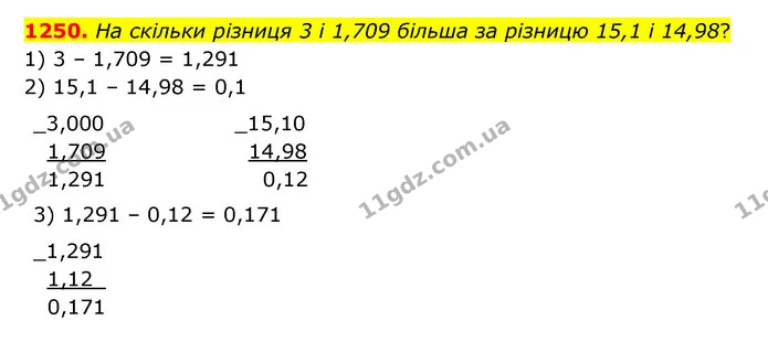 1250. На скільки різниця 3 і 1,709 більша за різницю 15,1 і 14,98? — ГДЗ Математика 5 клас Бевз