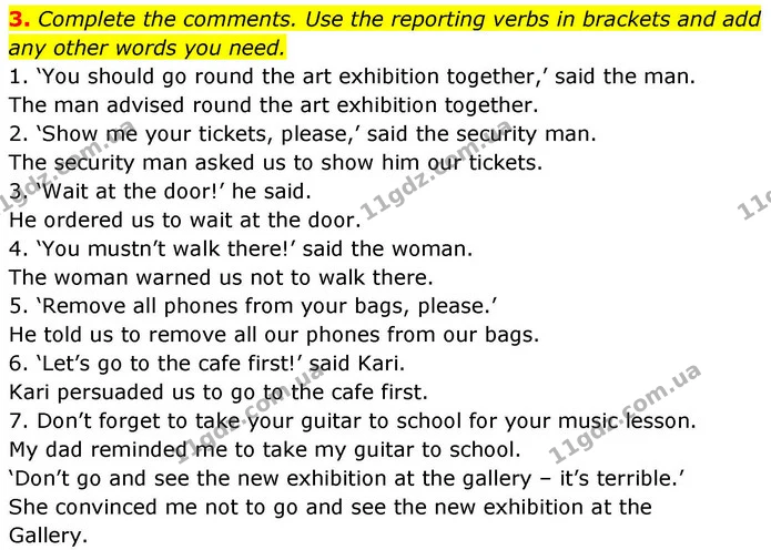 3. Complete the comments. Use the reporting verbs in brackets and add any other words you need. — ГДЗ робочий зошит Англійська мова 8 клас Гарет Джонс 2025