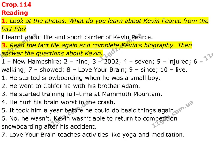 1. Look at the photos. What do you learn about Kevin Pearce from the fact file? — ГДЗ Англійська мова 7 клас Коста