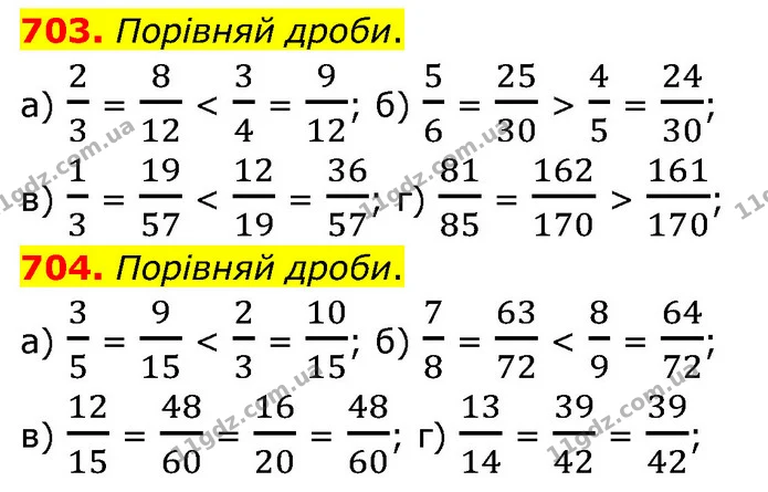 703. Порівняй дроби. — ГДЗ Математика 6 клас Бевз 1-2 ч.