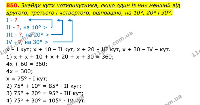 850. Знайди кути чотирикутника, якщо один із них менший від другого, третього і четвертого, відповідно, на 10°, 20° і 30°. — ГДЗ Математика 5 клас Бевз