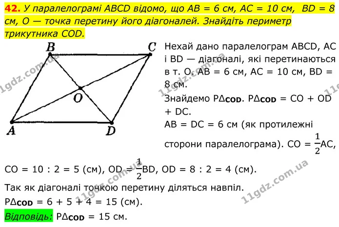 42. У паралелограмі ABCD відомо, що AB = 6 см, AC = 10 см, BD = 8 см, O — точка перетину його діагоналей. Знайдіть периметр трикутника — ГДЗ Геометрія 8 клас Мерзляк