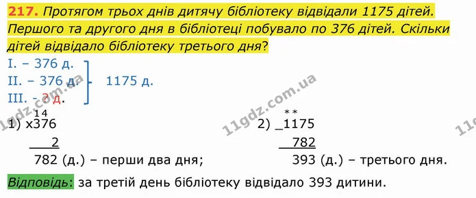 217. Протягом трьох днів дитячу бібліотеку відвідали 1175 дітей. Першого та другого дня в бібліотеці побувало по 376 дітей. Скільки — ГДЗ Математика 4 клас Оляницька