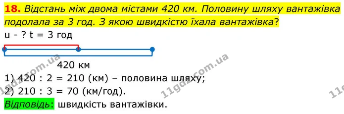 18. Відстань між двома містами 420 км. Половину шляху вантажівка подолала за 3 год. З якою швидкістю їхала вантажівка? — ГДЗ Математика 4 клас Логачевська 1 та 2 частини