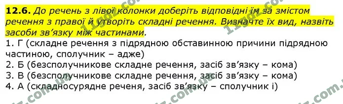 12.6. До речень з лівої колонки доберіть відповідні їм за змістом речення з правої й утворіть складні речення. Визначте їх вид, назвіть — ГДЗ Українська мова 9 клас Голуб 2017