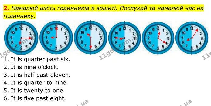 2. Намалюй шість годинників в зошиті. Послухай та намалюй час на годиннику. — ГДЗ Англійська мова 5 клас Коста Джоанна