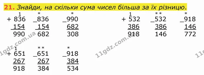 21. Знайди, на скільки сума чисел більша за їх різницю. — ГДЗ Математика 4 клас Лишенко 1-2 ч.