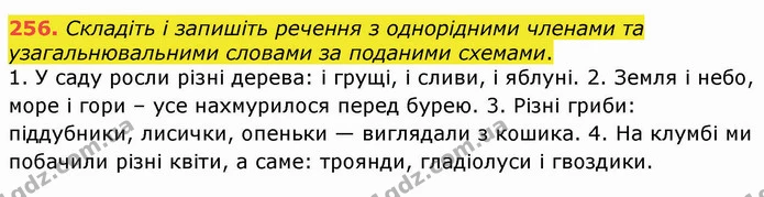 256. Складіть і запишіть речення з однорідними членами та узагальнювальними словами за поданими схемами. — ГДЗ Українська мова 8 клас Заболотний 2021