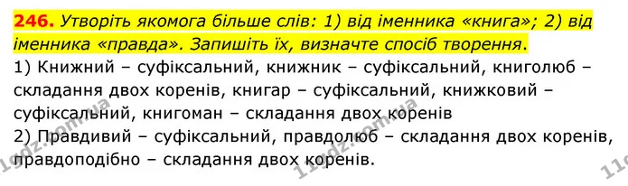 246. Утворіть якомога більше слів: 1) від іменника «книга»; 2) від іменника «правда». Запишіть їх, визначте спосіб творення. — ГДЗ Українська мова 6 клас Голуб 2023