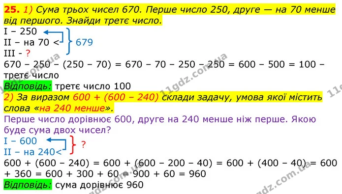 25. 1) Сума трьох чисел 670. Перше число 250, друге — на 70 менше від першого. Знайди третє число. — ГДЗ Математика 3 клас Лишенко (1, 2 частина)