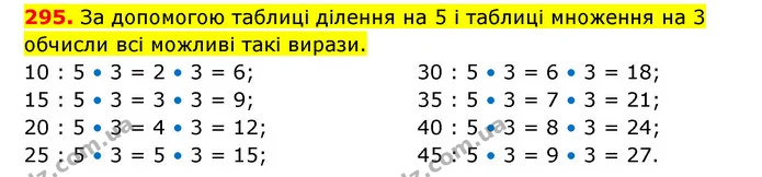 295. За допомогою таблиці ділення на 5 і таблиці множення на 3 обчисли всі можливі такі вирази. — ГДЗ Математика 3 клас Будна 1-2 ч.