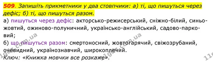 509. Запишіть прикметники у два стовпчики: а) ті, що пишуться через — ГДЗ Українська мова 6 клас Ворон, Солопенко