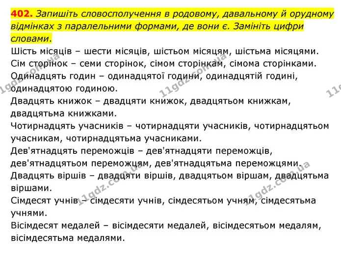 402. Запишіть словосполучення в родовому, давальному й орудному відмінках з паралельними формами, де вони є. Замініть цифри словами. — ГДЗ Українська мова 6 клас Голуб 2023