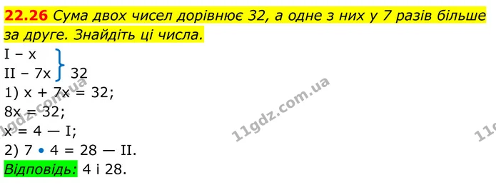 22.26 Сума двох чисел дорівнює 32, а одне з них у 7 разів більше — ГДЗ Алгебра 8 клас Істер