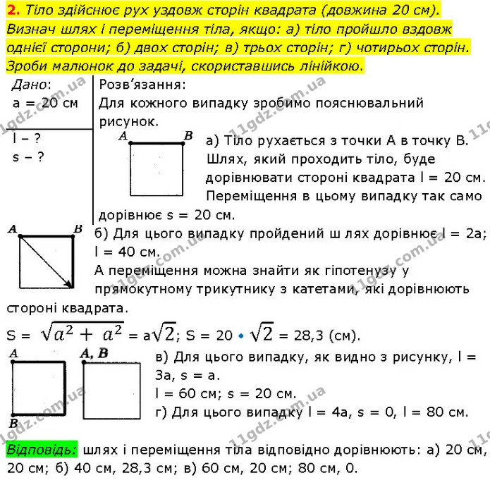 2. Тіло здійснює рух уздовж сторін квадрата (довжина 20 см). Визнач шлях і переміщення тіла, якщо: а) тіло пройшло вздовж однієї — ГДЗ Фізика 7 клас Засєкіна