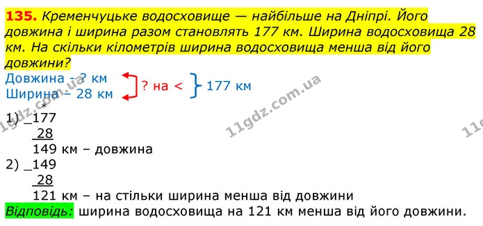 135. Кременчуцьке водосховище — найбільше на Дніпрі. Його довжина і ширина разом становлять 177 км. Ширина водосховища 28 км. На — ГДЗ Математика 3 клас Лишенко (1, 2 частина)