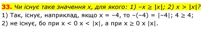 33. Чи існує таке значення х, для якого: 1) –х ≥ |х|; 2) х > |x|? — ГДЗ Алгебра 7 клас Істер 2020