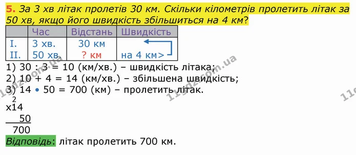5. За 3 хв літак пролетів 30 км. Скільки кілометрів пролетить літак за 50 хв, якщо його швидкість збільшиться на 4 км? — ГДЗ Математика 4 клас Лишенко 1-2 ч.
