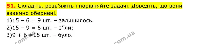 51. Складіть, розв’яжіть і порівняйте задачі. Доведіть, що вони взаємно обернені. — ГДЗ Математика 3 клас Будна 1-2 ч.