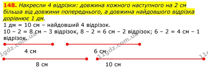 148. Накресли 4 відрізки: довжина кожного наступного на 2 см більша від довжини попереднього, а довжина найдовшого відрізка дорівнює 1 — ГДЗ Математика 3 клас Лишенко (1, 2 частина)