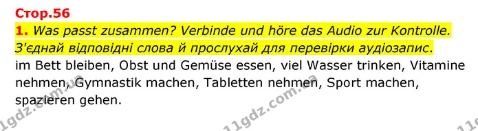 1. Was passt zusammen? Verbinde und höre das Audio zur Kontrolle. З'єднай відповідні слова й прослухай для перевірки аудіозапис. — ГДЗ Робочий зошит Німецька мова 6 клас Гоголєва