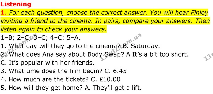 1. For each question, choose the correct answer. You will hear Finley inviting a friend to the cinema. In pairs, compare your answers — ГДЗ Англійська мова 7 клас Коста