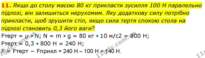 11. Якщо до столу масою 80 кг прикласти зусилля 100 Н паралельно підлозі, він залишиться нерухомим. Яку додаткову силу потрібно — ГДЗ Фізика 7 клас Засєкіна