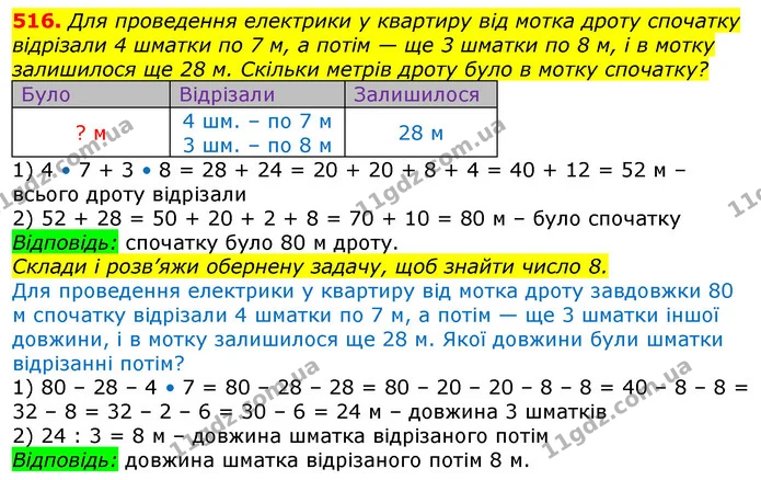 516. Для проведення електрики у квартиру від мотка дроту спочатку відрізали 4 шматки по 7 м, а потім — ще 3 шматки по 8 м, і в мотку — ГДЗ Математика 3 клас Лишенко (1, 2 частина)