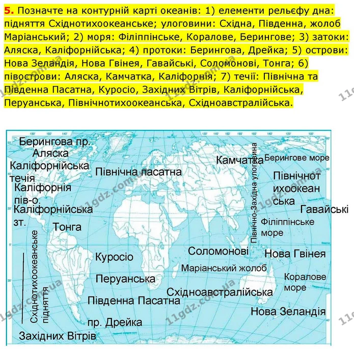 5. Позначте на контурній карті океанів: 1) елементи рельєфу дна: підняття Східнотихоокеанське; улоговини: Східна, Південна, жолоб — ГДЗ зошит для практичних Географія 7 клас Довгань