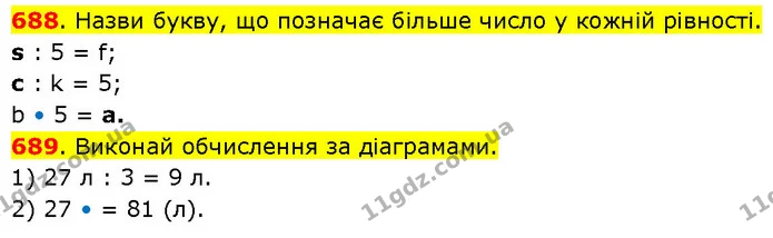688. Назви букву, що позначає більше число у кожній рівності. — ГДЗ Математика 3 клас Будна 1-2 ч.