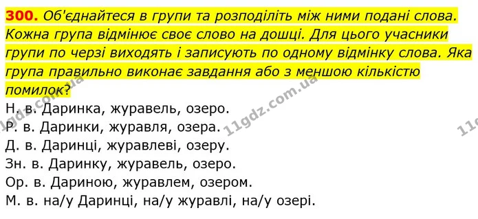300. Об'єднайтеся в групи та розподіліть між ними подані слова. Кожна група відмінює своє слово на дошці. Для цього учасники групи по — ГДЗ Українська мова 6 клас Заболотний 2023