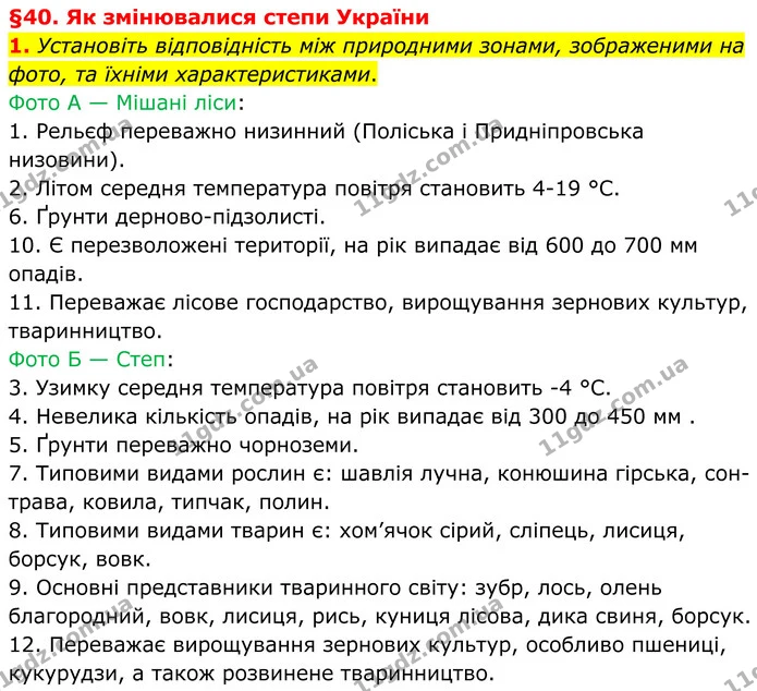 1. Установіть відповідність між природними зонами, зображеними на фото, та їхніми характеристиками. — ГДЗ Зошит практичні Географія 8 клас Гільберг