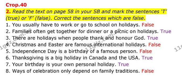 2. Read the text on page 58 in your SB and mark the sentences ‘T’ (true) or ‘F’ (false). Correct the sentences which are false. — ГДЗ Робочий зошит Англійська мова 5 клас Карпюк