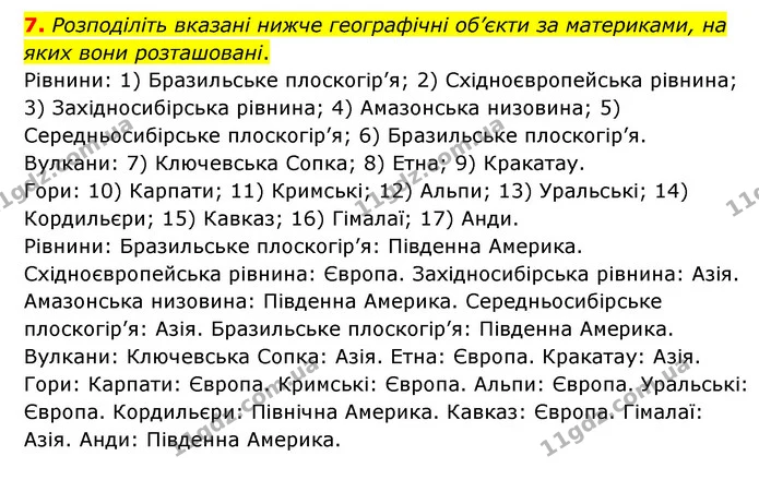 7. Розподіліть вказані нижче географічні об’єкти за материками, на яких вони розташовані. — ГДЗ Географія 6 клас Гільберг