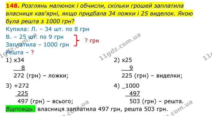148. Розглянь малюнок і обчисли, скільки грошей заплатила власниця кав'ярні, якщо придбала 34 ложки і 25 виделок. Якою була решта з — ГДЗ Математика 4 клас Бевз 1 та 2 частини