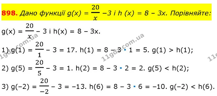 898. Дано функції g(x) = 20x −3 і h (x) = 8 – 3x. Порівняйте: — Алгебра 7 клас Мерзляк 2024