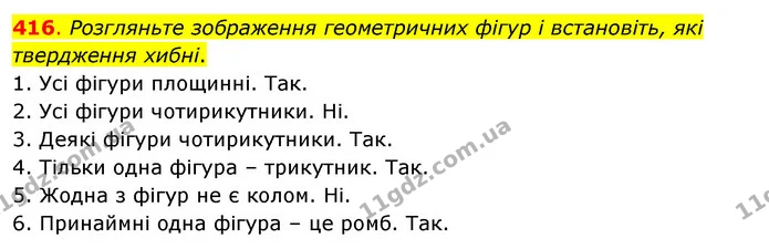 416. Розгляньте зображення геометричних фігур і встановіть, які твердження хибні. — ГДЗ Математика 3 клас Бевз 2 частина