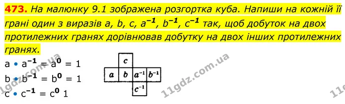 473. На малюнку 9.1 зображена розгортка куба. Напиши на кожній її грані один з виразів a, b, c, a–1, b–1, c–1 так, щоб добуток на двох — ГДЗ Алгебра 8 клас Бевз