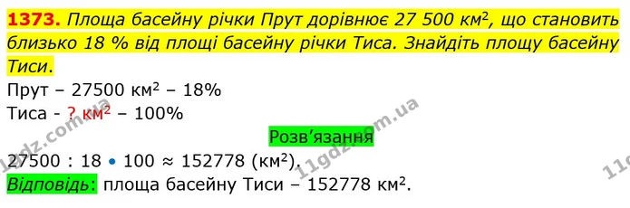 1373. Площа басейну річки Прут дорівнює 27 500 км2, що становить близько 18 % від площі басейну річки Тиса. Знайдіть площу басейну — ГДЗ Математика 5 клас Тарасенкова 2022