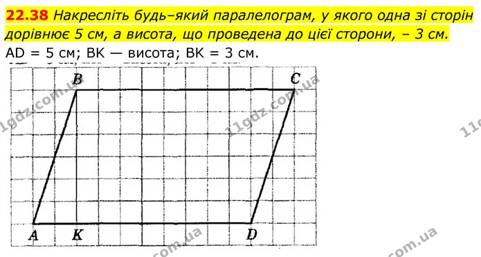 22.38 Накресліть будь–який паралелограм, у якого одна зі сторін дорівнює 5 см, а висота, що проведена до цієї сторони, – 3 см. — ГДЗ Геометрія 8 клас Істер