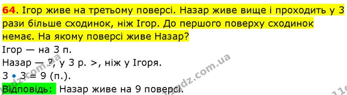64. Ігор живе на третьому поверсі. Назар живе вище і проходить у 3 рази більше сходинок, ніж Ігор. До першого поверху сходинок немає — ГДЗ Математика 3 клас Козак 1-2 ч.